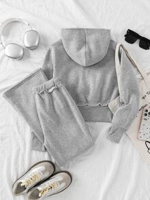 SHEIN 青少年女孩灰色拉鍊連帽衛衣與運動長褲休閒套裝 - 灰色 - 查看 2