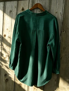 INAWLY 刺繡立領白色條紋襯衫，寬鬆休閒 3/4 袖紋理女款上衣 - 墨綠色 - 查看 2