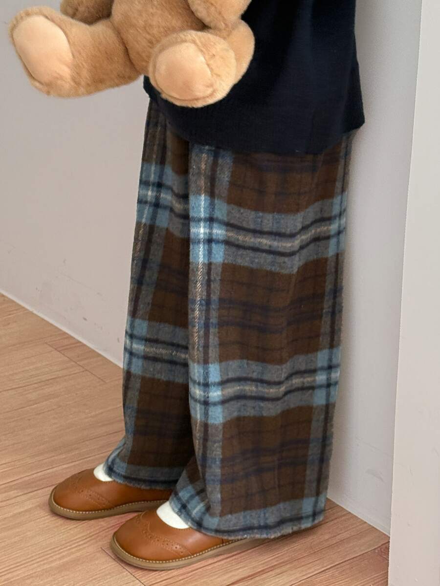 Dazy Kids Young Girls' Plaid Loose Straight Leg Elastic Waist Casual All-Match Versatile Autumn/Winter Long Pants - Brown - View 1