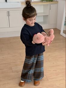 Dazy Kids Young Girls' Plaid Loose Straight Leg Elastic Waist Casual All-Match Versatile Autumn/Winter Long Pants - Brown - View 4