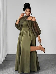 Maweii Plus Size Strapless Tie Sleeve Cinched Waist Long Slit Dress For Women - Green - View 4