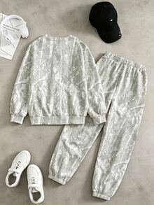 Tween Boys 1 Set Fall Letter & Leaf Print Crew Neck Sweatshirt & Sweatpants Set, Casual Autumn Outfit - Multicolor - View 2
