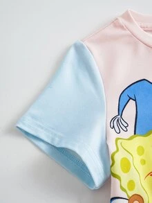 SpongeBob SquarePants | SHEIN Young Girl Cartoon Print Short Sleeve T-Shirt And Shorts Loungewear Set - Multicolor - View 4