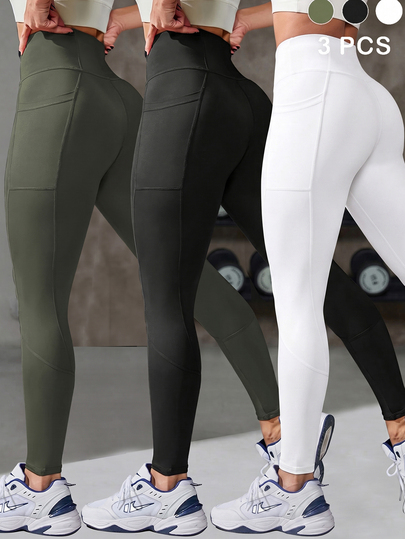 Powerista 3pcs Solid Color High Waist Seamless Sports Leggings Set