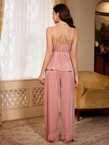 PalaceNights طقم بيجامة نسائي من 3 قطع بأسلوب القصر من المخمل، كاميسول + بنطلون طويل، خريف/شتاء - وردي - مشاهدة 7