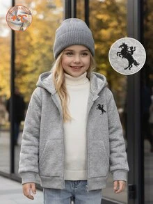 女童 4-7 歲學院風落肩拉鍊連帽抓絨運動外套，馬術刺繡圖案裝飾休閒上衣，保暖秋季新品，適合校園日常活動與戶外出遊 - 灰色 - 查看 5
