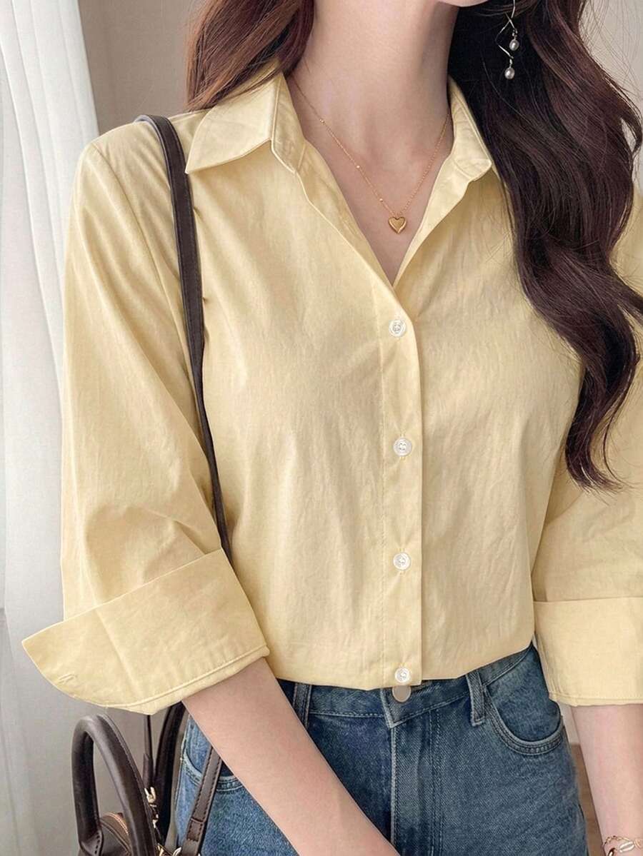 DAZY 女款純色長袖單排扣休閒通勤襯衫 - 杏色 - 查看 1