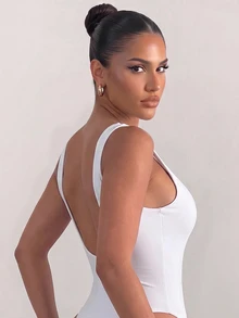 Sirith Women's Sexy And Elegant White Square-Neck Sleeveless Athletic Bodysuit - White - View 2