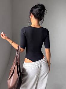 Slayform Slayform Women's Solid Color Round Neck Short Sleeve Seamless Knit Athletic Jumpsuit - Black - View 5