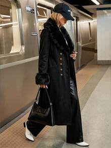 LUMIGAL Women's New Autumn/Winter Casual Mid-Length Button-Up Jacket With Faux Fur Collar For Commuting, Vacation And Dating - Black - View 5