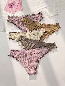 PetitDoll 5pcs/Set Women's Sweet Ditsy Floral Ruffle Trim Ribbed Triangle Panties - Multicolor - View 2