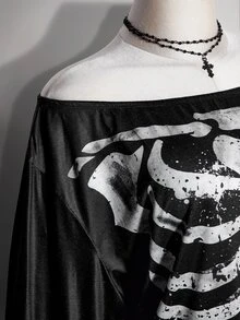 SHEIN ICON 大尺碼 Y2K 骷髏印花寬肩開衩迷你洋裝，萬聖節露肩洋裝 - 黑色 - 查看 9