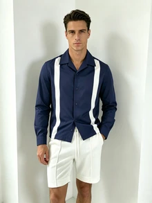 Manfinity Dauomo Men's Fashion Contrast Color Single-Breasted Casual Shirt - Blue - View 5