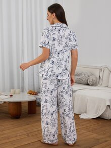 Serenescape Women's Vacation Style Floral Print Pajama Set, Short Sleeve Top And Long Pants, Suitable For Spring And Summer, Suitable For Home And Vacation - Black and White - View 2