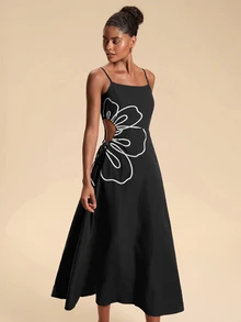 Travachic Floral Embroidered Side Tie Waist Cami Dress For Vacation - Black - View 7