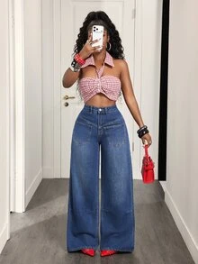 Slaydiva Women's Casual Versatile Daily Denim Straight Leg Pants With Pockets And Buttons - Dark Wash - View 6