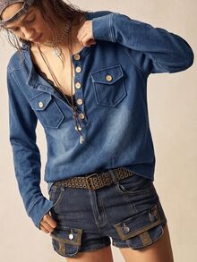 Bohemela Women's Crew Neck Casual Versatile Daily Denim Top - Dark Wash - View 6