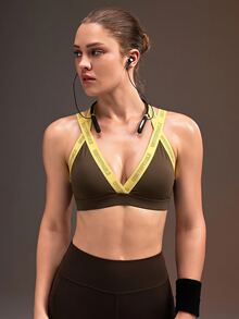 Powerista Áo ngực thể thao nữ phối màu patchwork in chữ - màu nâu - Xem 1