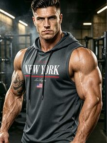 GymBeat Men's Letter & American Flag Print Drawstring Hooded Athletic Tank Top, Gym - Grey - View 6