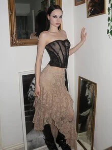Glisette Fashionable Women's Beige Multi-Panel Asymmetrical Hem Lace Skirt - Beige - View 5