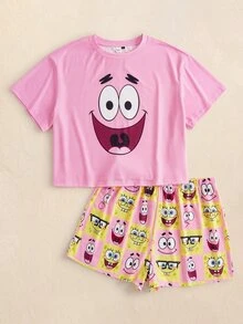 SpongeBob SquarePants | SHEIN Plus Size Women's Cartoon Print Short Sleeve Top And Shorts Casual Daily Home Sleepwear Set - Baby Pink - View 1