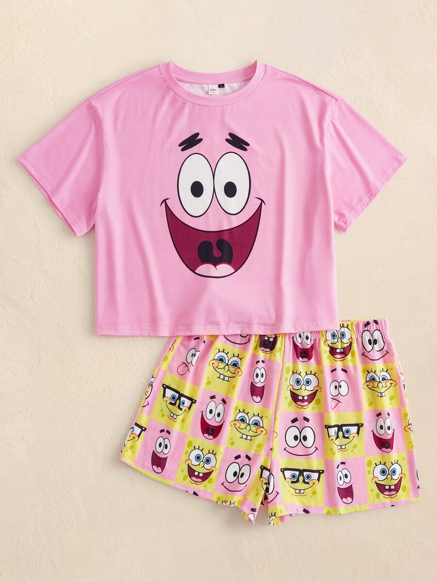 SpongeBob SquarePants | SHEIN Plus Size Women's Cartoon Print Short Sleeve Top And Shorts Casual Daily Home Sleepwear Set - Baby Pink - View 1