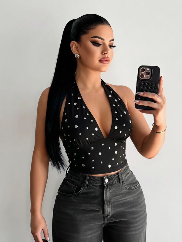 SHEIN SXY Black Stretchable Knitted Deep V-Neck Collar Tie Strap Sleeveless Backless Short-Sleeved Top,Silver Metal,Casual,Street Wear,Hippie,Hip Hop,Festival