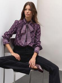 Nöista  Straight-Cut Bowknot Shirt, Retro Floraland Striped Patchwork,  French, Pastoral Charm, Elegance.Practicality, Elegance And Modern.Fall/Winter,. - Multicolor - View 1