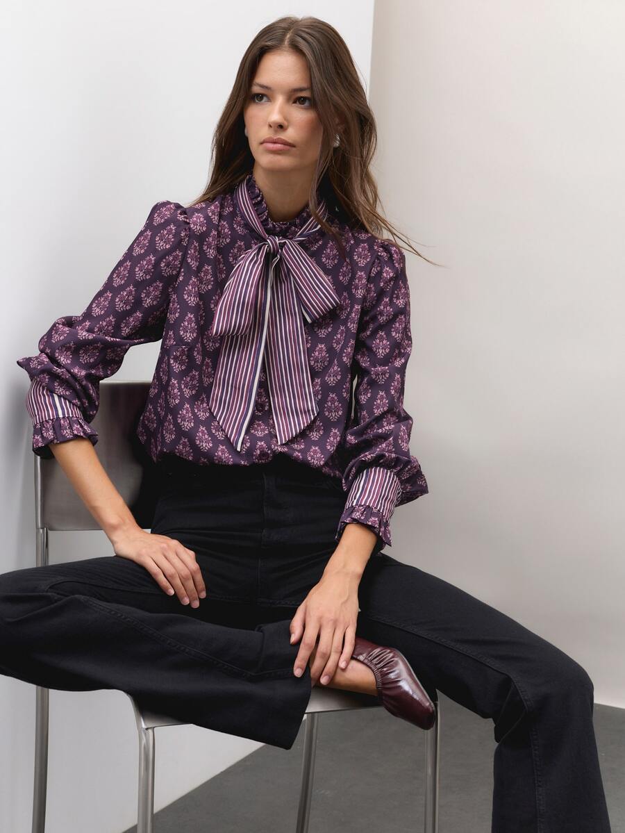 Nöista Straight-Cut Bowknot Shirt, Retro Floraland Striped Patchwork, French, Pastoral Charm, Elegance.Practicality, Elegance And Modern.Fall/Winter,. - Multicolor - View 1