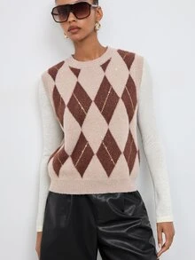 Maija Grey-Brown Plaid Sleeveless Sweater For Women, Urban Casual - Grey - View 5