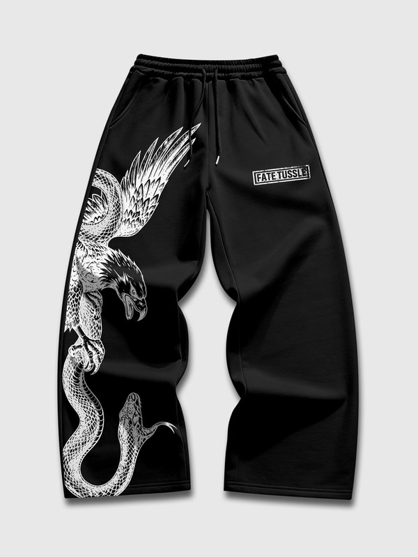 ROMWE MEN Street Life Calças de fato de treino casuais para homem com estampado de letra e águia e cintura com cordão
