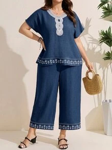 Comfylo 大尺碼女款夏季套裝兩件式度假套裝商務穿搭 - 藏蓝色 - 查看 5