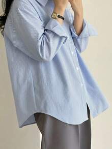 DAZY 女款條紋長袖單排扣休閒寬鬆襯衫 秋季 - 藍色 - 查看 1