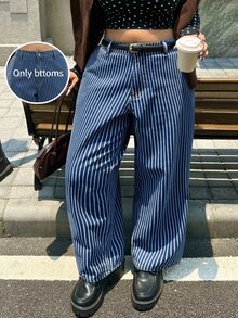 Rivivi Festival Plus Size Women's Blue Non-Stretch Striped Straight Leg Denim Pants - Dark Wash - View 1