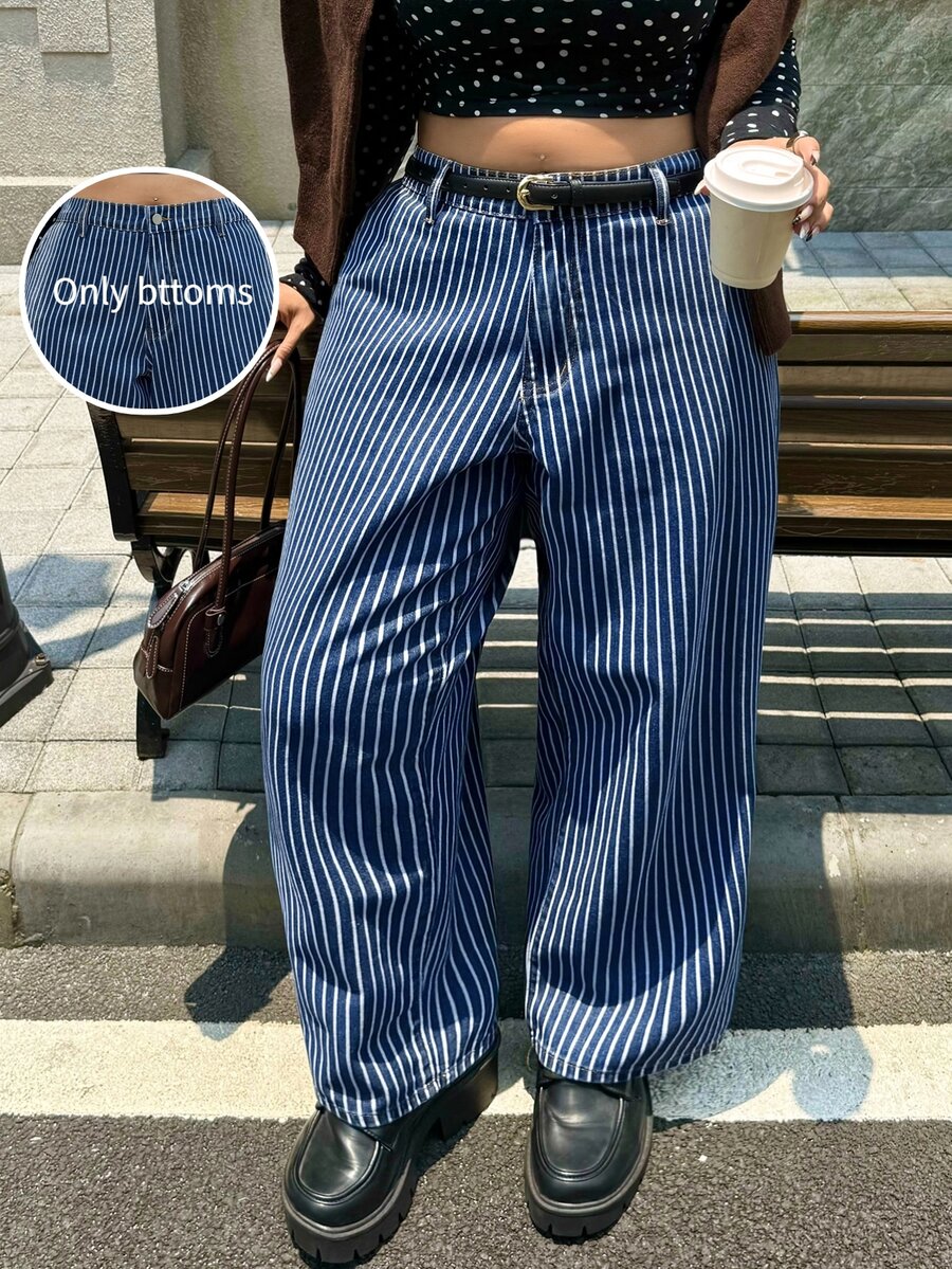 Rivivi Festival Plus Size Women's Blue Non-Stretch Striped Straight Leg Denim Pants - Dark Wash - View 1