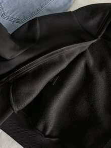 SHEIN 少女寬鬆休閒基本款極簡舒適街頭風連帽修身前短後長長袖冬季外套 白色 秋季 - 黑色 - 查看 5
