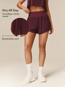 OutZeal Women Sports Shorts Summer Running Gym Workout High Waist Ruffled Hem With Zip Pocket - Burgundy - View 2