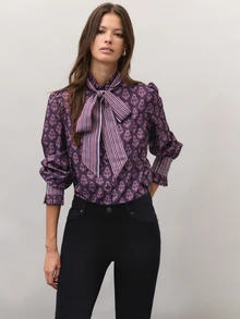 Nöista  Straight-Cut Bowknot Shirt, Retro Floraland Striped Patchwork,  French, Pastoral Charm, Elegance.Practicality, Elegance And Modern.Fall/Winter,. - Multicolor - View 2