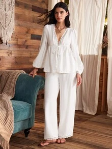 Lullawish Bohemian Long Sleeve Long Pants Women's Pajama Set, Wearable - White - View 1