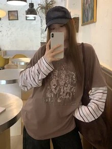 DAZY Women's Cartoon Print Striped Patchwork Sleeve T-Shirt Oversized T Shirts For Women Fall - Coffee Brown - View 7