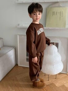 Dazy Kids Young Boy Coffee-Colored Knit Letter Print Sweatshirt And Sweatpants Set Hoodies - Coffee Brown - View 5
