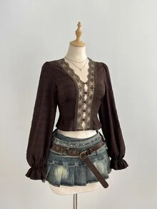 Elamini Dark Brown Textured Bubble Long Sleeve Lace V-Neck Cinched Waist Cropped Blouse - Coffee Brown - View 6