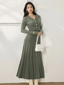 Heiryn Women's Button Half-Placket Long Sleeve Sweater Dress - Dark Green - View 4