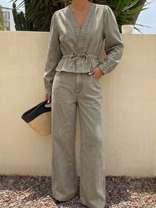 Livesso Women's V-Neck Pleated Long Sleeve Top And Long Pants Casual Daily Denim Set Fall - Army Green - View 1