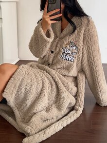 TOM AND JERRY X DAZY Winter Cartoon Pattern Embroidered Plush Thick Women's Robe - Khaki - View 1