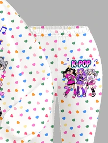 Young Girl Casual Cartoon K-Pop Girl Group Pattern, Dopamine Colorful Heart, Minimalist Loose Round Neck Long Sleeve Sweatshirt And Flare Pants 2-Piece Set, Suitable For Autumn/Winter, Street Retro Style, Comfortable And Relaxed, Children's Autumn Layering, Y2K, Sports Set, Outings, Street Photography, Campus, Chill - Multicolor - View 6