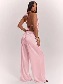 SHEIN BAE Sexy Backless Halter Top And Long Pants Set For Summer - Coral Pink - View 2