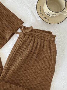 SHEIN Serisse Kids Tween女孩童裝寬鬆休閒極簡舒適針織紋理圓領短袖T恤與長褲2件套，返校穿搭，日常穿著，棕色套裝，兒童針織套裝 - 卡其色 - 查看 7