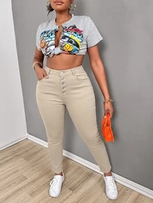 SHEIN ICON 大尺碼性感修身彈性黑色鈕扣前開牛仔褲 - 卡其色 - 查看 3