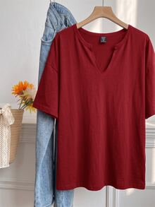 Muchica Burgundy Plus Size Women's V-Neck Drop Shoulder Sleeve T-Shirt - Burgundy - View 5